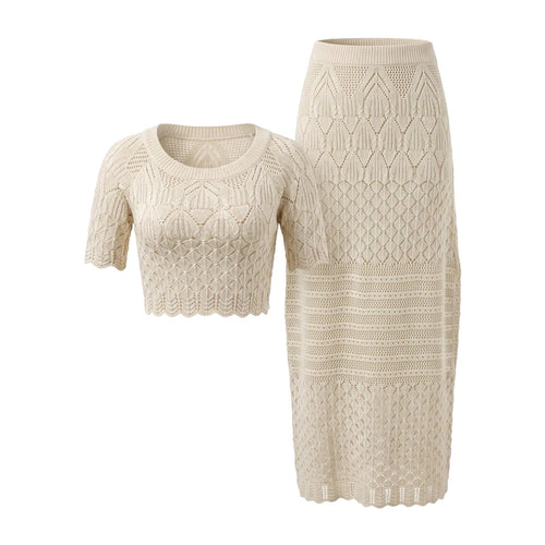 2026 Crochet Knit 2 Piece Set for Women, off Shoulder Crop Top + Hollow Out Maxi Skirt Beachwear