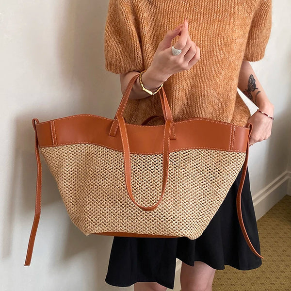 Branded Straw Knitted Big Tote Bags for Women Two-Sized Big Capacity Shopper Shoulder Bag Set 2026 Summer Latest Beach Bag