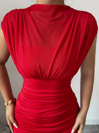 Elegant Red Long Sleeveless Women'S Dress Fashionable Knitted Polyester Gown with Pleats Hollow Out Design and Boat Neck