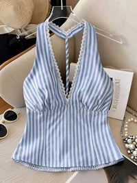 Women Blouse Shirt New Summer Sleeveless Halter Slim Sexy Backless Striped Blouse Shirt Women Tops Blusas Para Mujer 2026 Q3828