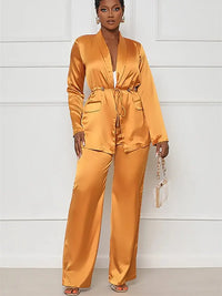 Two-Piece Silk Suit for African Women, V-Neck Lace up Shirt, Wide Leg Pants, Casual Fashion, Autumn