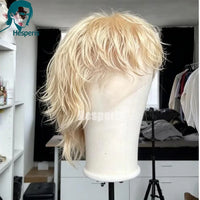 613 Blond Hair Shaved Side Mullet Full Lace Wig with Bangs Natural Wave Human Hair Wig for Men Fahion Male Wig Boy Cut