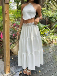 Women Stylish Summer Two Piece Set Lace Trim Cami Top and Tiered Maxi Skirt Boho Female Versatile Date Vacation Party Beachwear