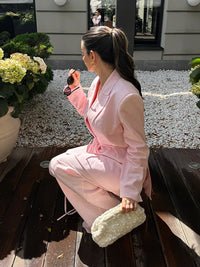 Pink Drawstring Waisted Two Piece Set Structured Shoulder Lapel Collar Jacket Wide Leg Pants 2026 Autumn Commute Fashion Outfits
