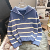 Women zipper sweater striped pullover front view