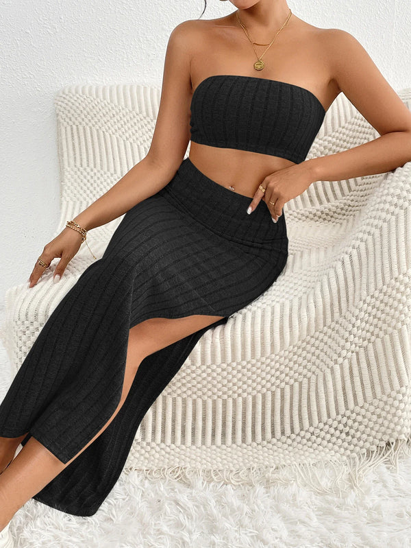 Spring Summer Fashion Casual Ribbed Knit Solid Color Tube Top and Split High-Waist Skirt