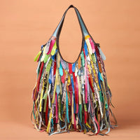 Colorful Real Sheepskin Shoulder Bags for Women Large Casual Slouchy Hobo Handbags Patchwork Leather Tassel Cross Body Purses