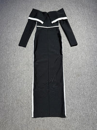 High Quality Women Long Sleeve Sexy off Shoulder Floor-Length Bandage Dress Celebrate Birthday Party White Stripe Black Outfits
