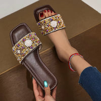 Summer Hot Selling Bright Diamond Slippers for Women in plus Size Flat Sandals Beach Shoes with Diamond Inlaid Crossbody Bag Set