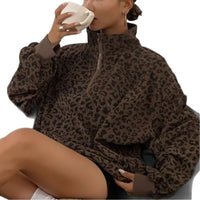 Retro Leopard Print Hoodie Stand Collar Half Zip Mid-Length Corduroy Loose Outerwear High-End Feel Long Sleeve Casual Style