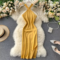 Elegant Solid Women'S Dresses Knitted V Neck Backless Elastic Dresses for Women Slim Bodycon Vestido De Mujer Outfits