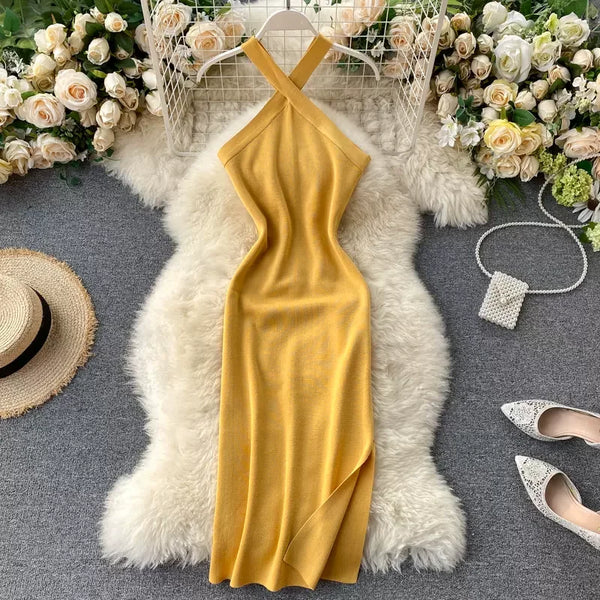 Elegant Solid Women'S Dresses Knitted V Neck Backless Elastic Dresses for Women Slim Bodycon Vestido De Mujer Outfits