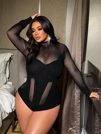 Plus Size Women Sexy Bodysuit Long Sleeve High Neck Fishnet Mesh Patchwork Sheer Skinny Club Party Night Out Tops