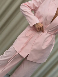 Pink Drawstring Waisted Two Piece Set Structured Shoulder Lapel Collar Jacket Wide Leg Pants 2026 Autumn Commute Fashion Outfits