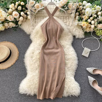 Elegant Solid Women'S Dresses Knitted V Neck Backless Elastic Dresses for Women Slim Bodycon Vestido De Mujer Outfits