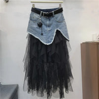 Denim Patchwork Mesh Skirt for Women Summer High Waist A-Line Midi Skirt Daily Streetwear Slim Fit A-Line Half Skirts