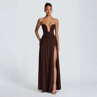 Women Elegant Deep V-Neck Pleated Strapless Dress Chic Off-Shoulder Backless Split Maxi Dresses 2026 Lady Evening Party Vestidos