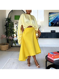 Women Satin Two Piece Outfit Set Batwing Sleeve Cutout Crop Top and Asymmetric Midi Skirt Pockets Elegant Matching Set