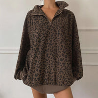 Retro Leopard Print Hoodie Stand Collar Half Zip Mid-Length Corduroy Loose Outerwear High-End Feel Long Sleeve Casual Style