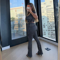Sexy Spicy Girl Polka Dot Print Headband Short Sleeved Low Neck Top with Micro Flared Pants Three Piece Set