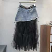 Denim Patchwork Mesh Skirt for Women Summer High Waist A-Line Midi Skirt Daily Streetwear Slim Fit A-Line Half Skirts