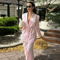 Lapel Women Suit Set Structured Shoulder Tie Waist Long Sleeve Blazer High Waist Wide Leg Trousers Two Piece Suit Daily Fashion