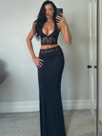 Lace Patchwork Women 2 Piece Set Halter Fashion Backless Sheer V-Neck Tanks+Trim Matching Long Skirts Mujer Elegant Suits