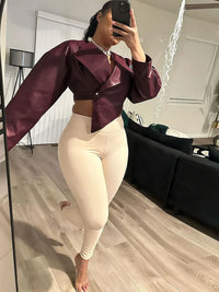 PU Leather Women Jackets Cool Simple Solid Full Sleeve Irregular Lapel Slim Crop Coats Female Casual Streetwear Outwear