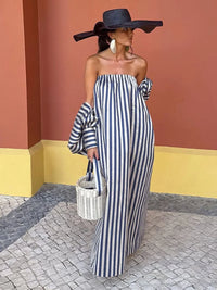 Women'S Vertical Stripe Print Strapless Maxi Dress off Shoulder Loose Fit Long Dresses 2026 Summer Fashion Elegant Casual Robe