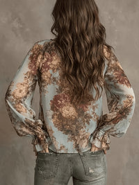 Vintage Floral Print Chiffon Blouse, Women'S Long Sleeve Ruffle V-Neck Front Tie Boho Casual Flowy Shirt