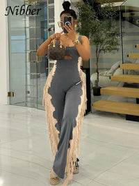 Chic Side Tassel Jumpsuit Women Sexy Hollow Contrast Stretch Summer Fit Sleeveless Elastic Workout Long Overalls