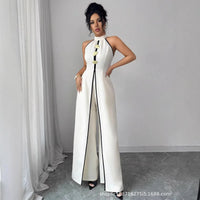 Elegant Women'S Jumpsuit Sleeveless Halter Neck Jumpsuits Wide Leg Button Front Romper Mid Waist Long Jumpsuit Maxi Solid White