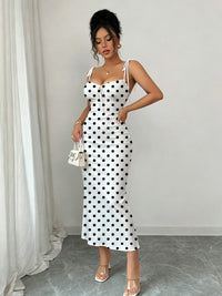 Black Polka Dot Fishtail Dress on White Background, with Double Shoulder Bow Ties + Chest Ruching for Strong Waist Shaping, Slim Fit, Hip-Hugging, Mid-Length Dress