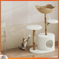Real Wood Modern Cat Tree Tower with Wicker Condo Scratching Post Bed Boho Luxury Pet Furniture for Indoor Cats Space Saving