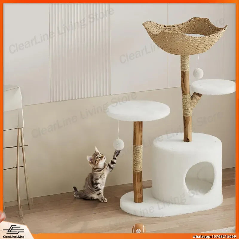 Real Wood Modern Cat Tree Tower with Wicker Condo Scratching Post Bed Boho Luxury Pet Furniture for Indoor Cats Space Saving