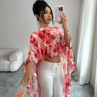 2026 Summer Women'S Stand Collar Printed Ruffle Chiffon Blouse Resort Style Flowing Cover-Up Summer Dresses 2026 Vestidos Boho