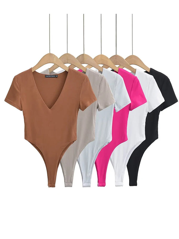 Women'S V-Neck Short Sleeve High Split Bodysuit Stretchable Slim Top Jumpsuit