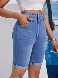 2025 Spring New High Waist Knee Length Denim Shorts for Women Fashion Casual Summer Stretch Tight Rolled up Jeans Shorts