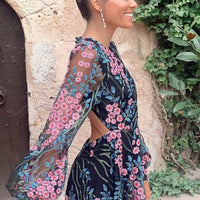Elegant Floral Print Bohemian Long Dress Women Casual Long Sleeve Slim Pleated Evening Dress Sexy O Neck Backless Party Dresses