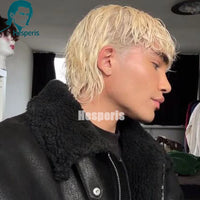 613 Blond Hair Shaved Side Mullet Full Lace Wig with Bangs Natural Wave Human Hair Wig for Men Fahion Male Wig Boy Cut
