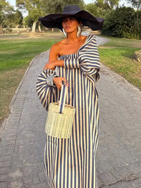Elegant Stripe Long Dress Women Loose Full Sleeve off Shoulder Slash Neck Party Dresses Female 2026 Fashion Summer Robe