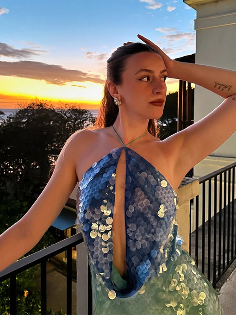 Sexy Sequin Shiny Mini Dress Women Luxury Blue Green Patchwork Halter Backless Short Dresses Evening Party Bright Dresses Beach