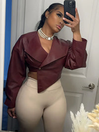 PU Leather Women Jackets Cool Simple Solid Full Sleeve Irregular Lapel Slim Crop Coats Female Casual Streetwear Outwear