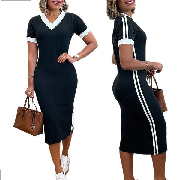 Side Stripe V Neck Bodycon Dress, Spring Summer Fitted Dresses for Women