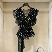 Women Chiffon Polka Dot Printing Bandage Vintage Blouse Thin Sleeveless Temperament Shirt Tops Summer Elegant Fashion Clothing
