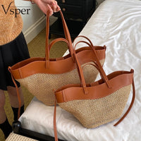 Branded Straw Knitted Big Tote Bags for Women Two-Sized Big Capacity Shopper Shoulder Bag Set 2026 Summer Latest Beach Bag