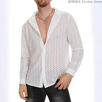 Spring/Summer Hollow-Out Mesh Trend Top Sexy Night Club Party Wear [Star'S Same Style] Men'S Long-Sleeved Lace Perspective Shirt