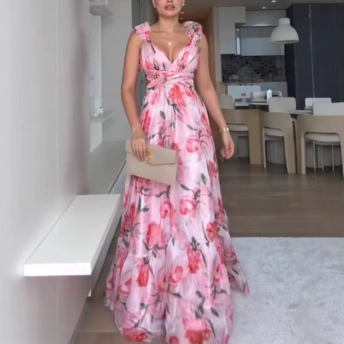 2026 New Bohemian Sexy Printed Women Dresses Halter Sleeveless Backless Naked Waist Long Dress Fashion Summer Beach Holiday Robe