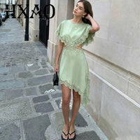 Lace Dress Asymmetrical Satin Dresses for Woman Summer Black Green Midi Vestido Elegant Party Hollow Out Evening Gowns