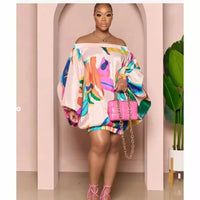 New Arrival Women'S One-Shoulder Digital High-Definition Print Batwing Sleeve Dress Floral Geometric Pattern Street Style